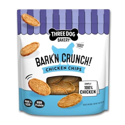 Three Dog Bakery Bark’N Crunch! Chicken Chips, Crunchy Treats for Dogs, Single Ingredient, High Protein Snacks, No Artificial Flavors or Colors, Made in The USA, 15 oz