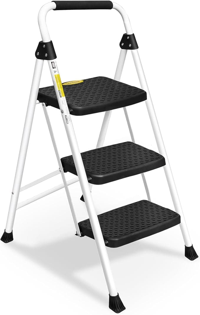 HBTower Step Ladder, Folding Step Stool with Wide Anti-Slip Pedal, Sturdy Steel Ladder, Convenient Handrail, Lightweight, Portable Steel Step Stool