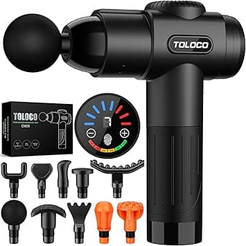 TOLOCO Massage Gun, Deep Tissue Back Massage for Athletes for Pain Relief, Percussion Massager with 10 Massages Heads & Silent Brushless Motor, Valentines Day Gifts for Him Her, Black